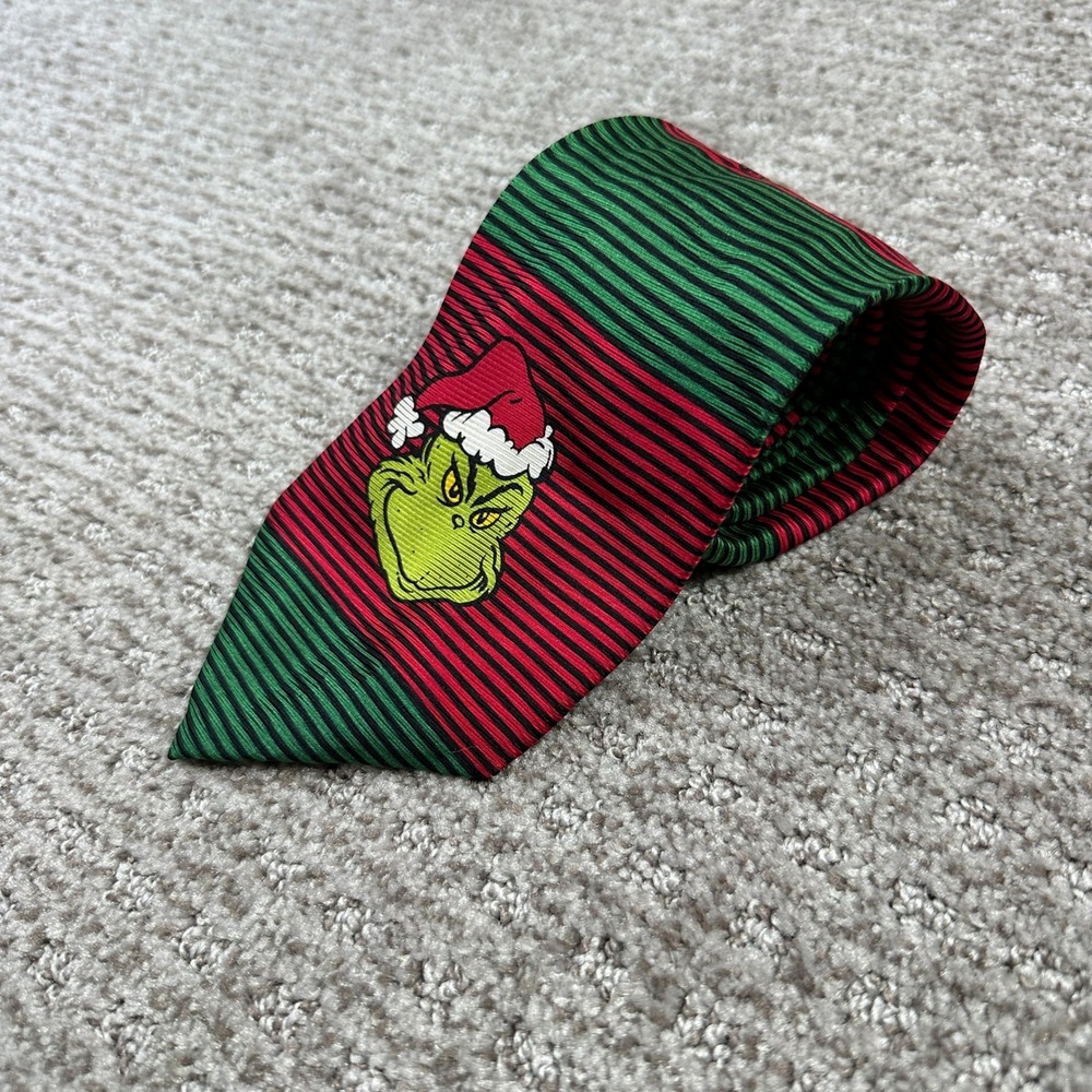 Dr. Seuss The Grinch Christmas Silk Tie Red Green Striped Holiday Necktie Max - Picture 5 of 7